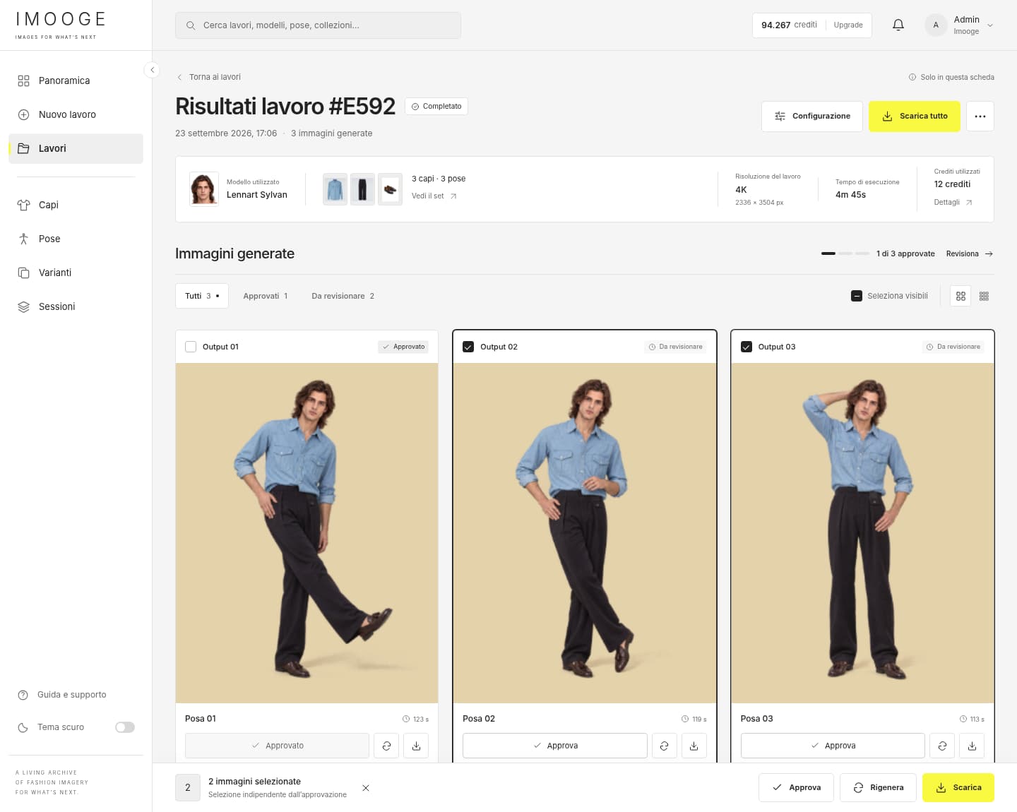 Dashboard IMOOGE: galleria dei risultati con immagini selezionate e pulsante Scarica