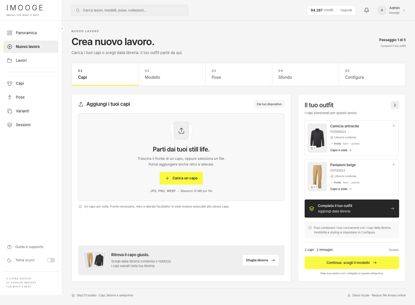 Dashboard IMOOGE: area Carica un capo e riepilogo outfit con le viste dei capi